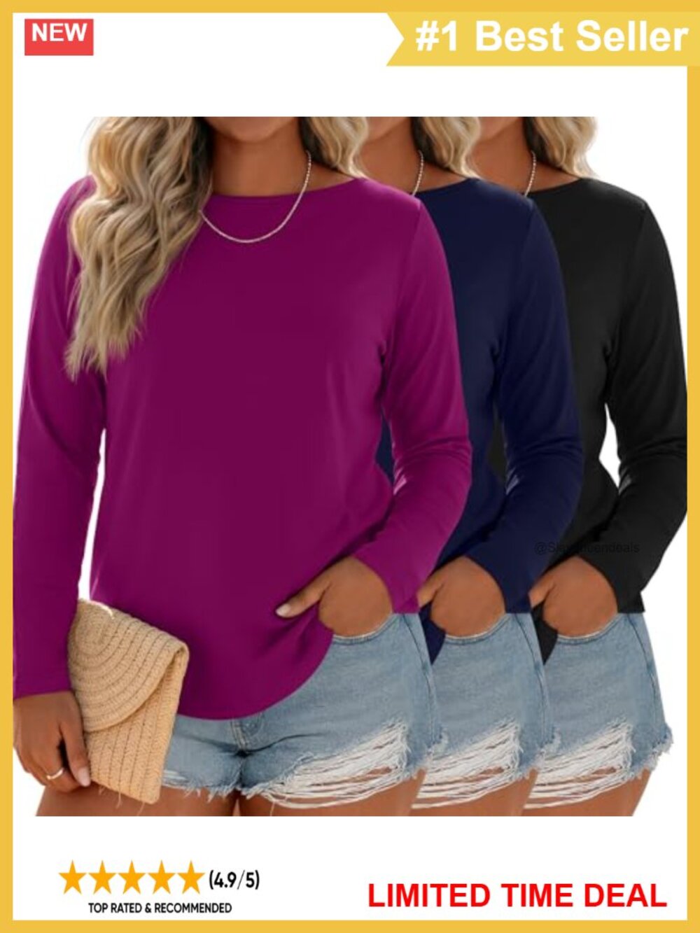 Plus Size Long Sleeve Boat Neck Tunic T-Shirts 3 Pack Loose Fit